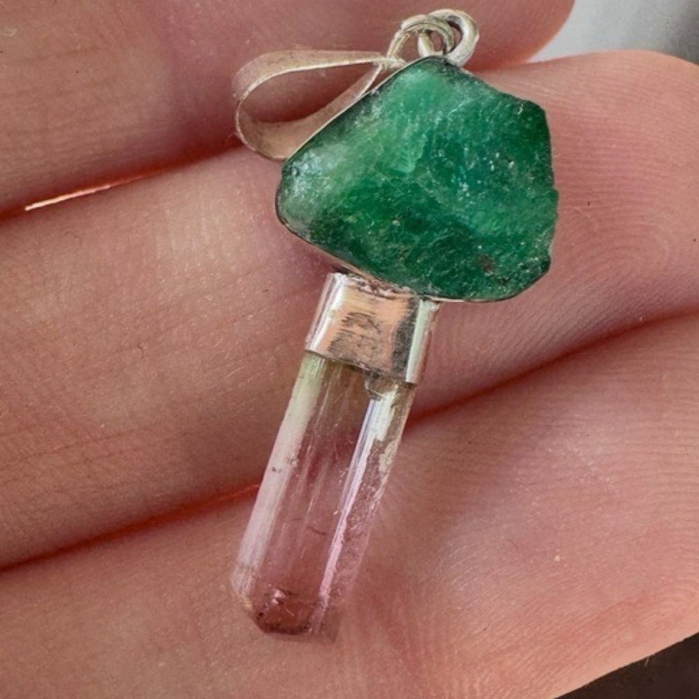 Rare Genuine Raw Emerald/ Bi Tourmaline Stick Pendant Custom Made